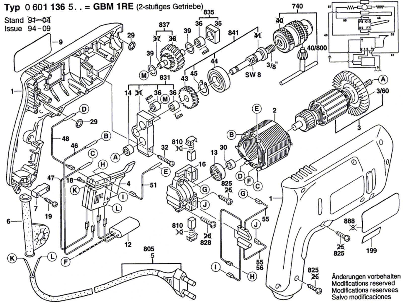 Bosch 0 601 136 503 Gbm 1 Re Drill 230 V / Eu Spare Parts SPARE ...