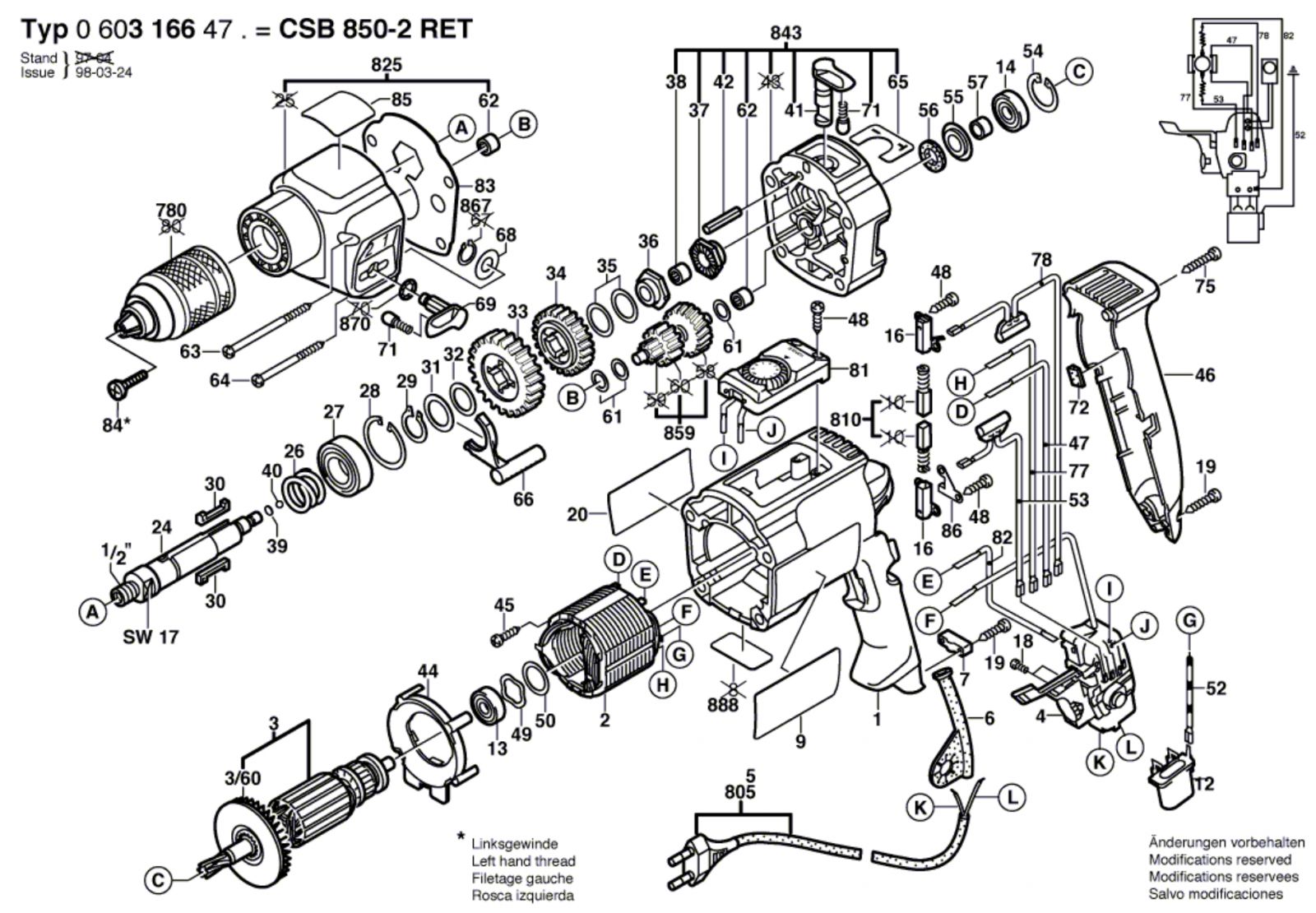 Bosch 0 603 166 470 Csb 850-2 Ret Percussion Drill 230 V / Eu Spare ...